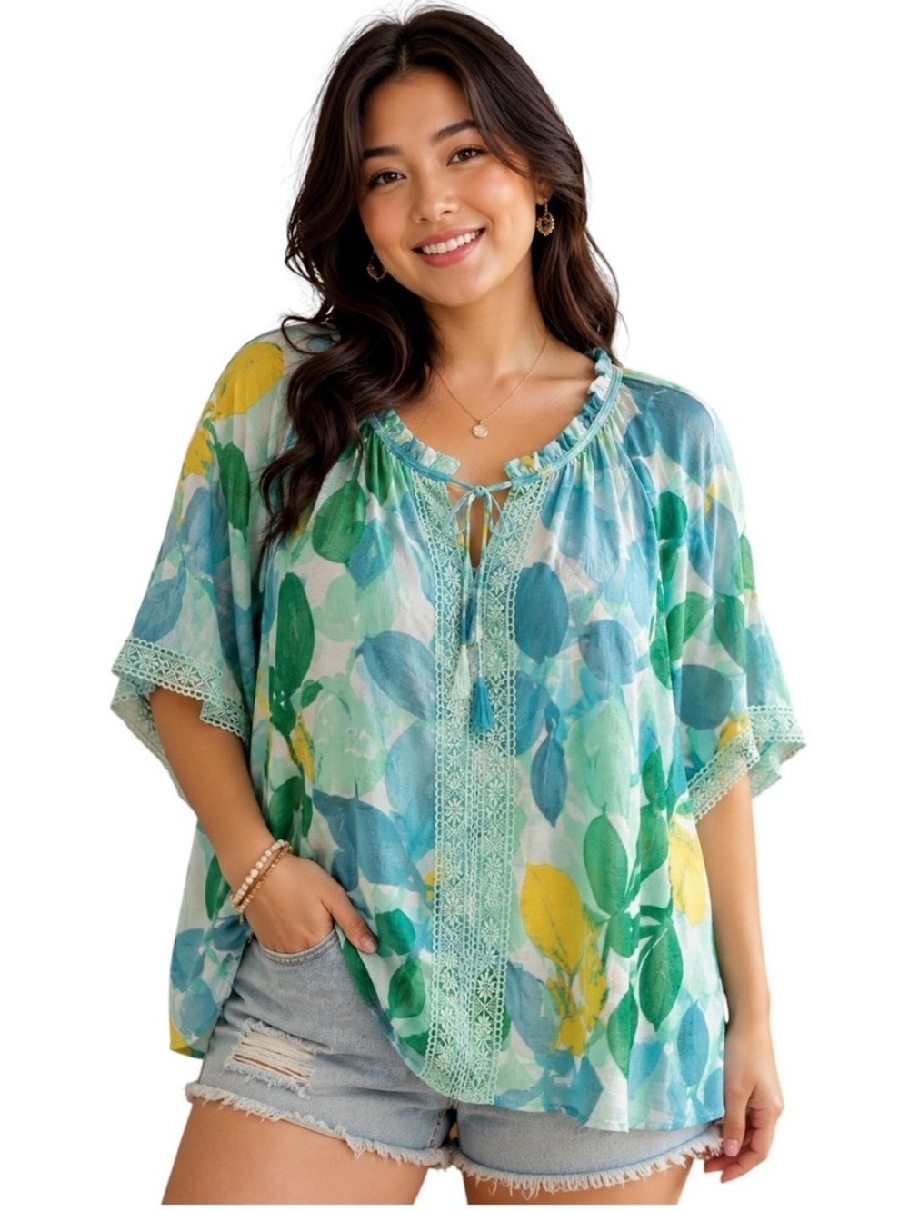 HOPE & HARLOW Boho Lemon Floral Peasant Blouse Top Women’s 2X Airy NWT